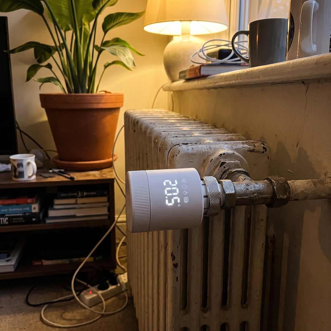 Termostat monterad på gammal radiator i mysigt vardagsrum