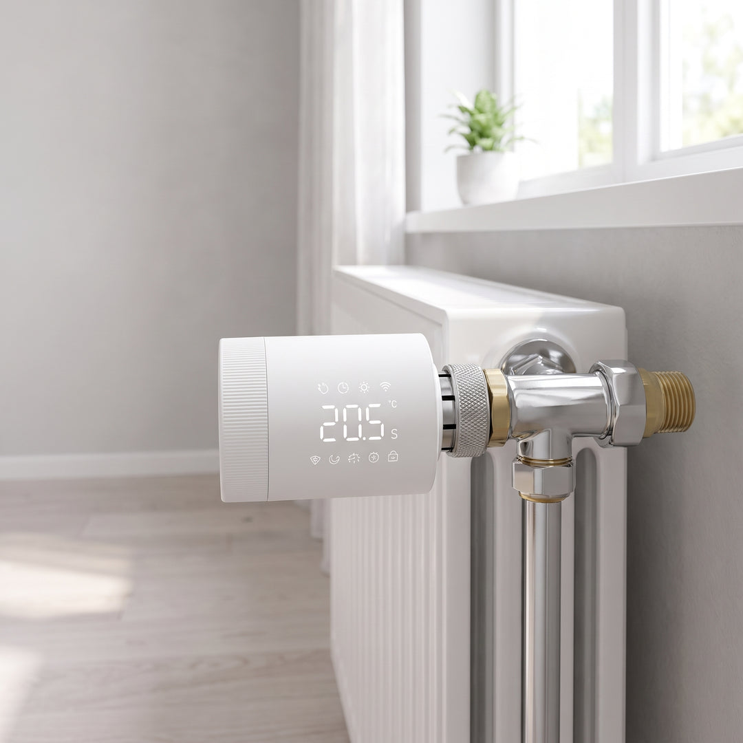 Termostat monterad på vit radiator i ljust vardagsrum