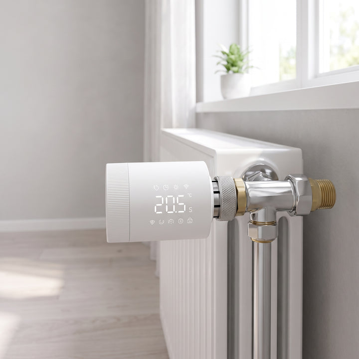 Termostat monterad på vit radiator i ljust vardagsrum