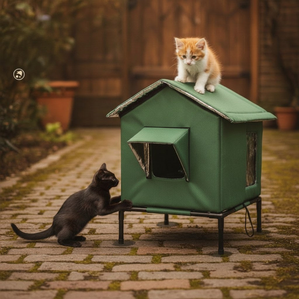 Vattentätt kattskydd på kullersten med kattungar
