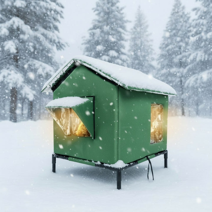 Isolerat kattskydd i vinterskogen