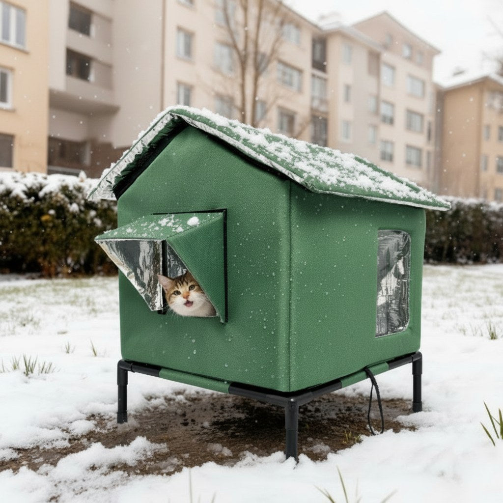 Upphöjt kattskydd utomhus i snölandskap