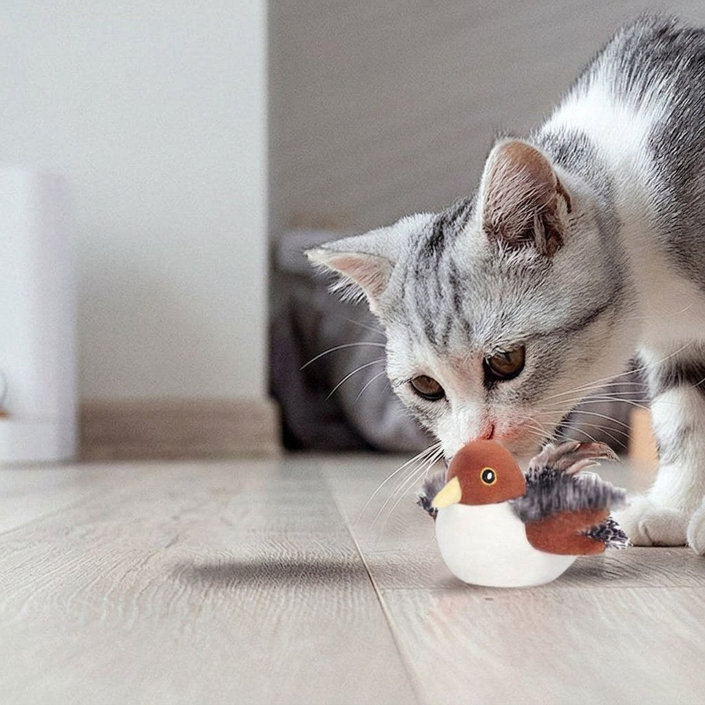 Katt leker med fågelleksak närbild